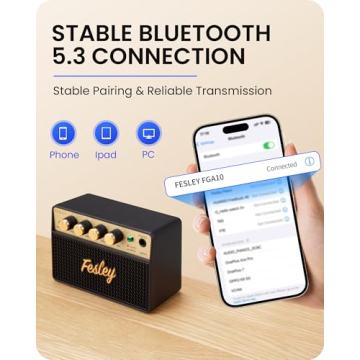Fesley Mini Guitar Amp: 10W Portable Recharged Guitar Amplifier, Bluetooth Electric Guitar Amp with Clean and Drive Channels, Mini Amp for Practice with 3.5mm Headphone Output, FGA10