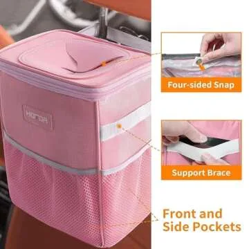 HOTOR Car Trash Can with Lid and Storage Pockets - 100% Leak-Proof Organizer, Waterproof Garbage Can, Multipurpose Trash Bin for Car, 2 Gallons, Pink