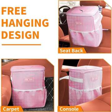 HOTOR Car Trash Can with Lid and Storage Pockets - 100% Leak-Proof Organizer, Waterproof Garbage Can, Multipurpose Trash Bin for Car, 2 Gallons, Pink