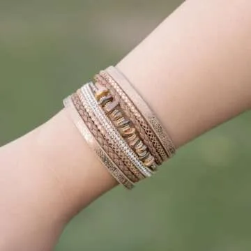 FANCY SHINY Turquoise Leather Wrap Bracelets Boho Beaded Cuff Bracelets Stackable Crystal Bangle with Magnetic Clasp Trendy Jewelry for Womend(Brown)