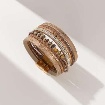 FANCY SHINY Turquoise Leather Wrap Bracelets Boho Beaded Cuff Bracelets Stackable Crystal Bangle with Magnetic Clasp Trendy Jewelry for Womend(Brown)