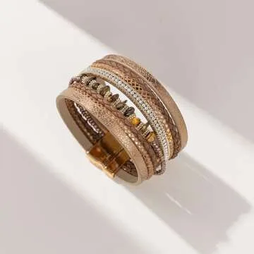 FANCY SHINY Turquoise Leather Wrap Bracelets Boho Beaded Cuff Bracelets Stackable Crystal Bangle with Magnetic Clasp Trendy Jewelry for Womend(Brown)