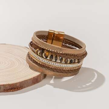 FANCY SHINY Turquoise Leather Wrap Bracelets Boho Beaded Cuff Bracelets Stackable Crystal Bangle with Magnetic Clasp Trendy Jewelry for Womend(Brown)