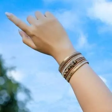 FANCY SHINY Turquoise Leather Wrap Bracelets Boho Beaded Cuff Bracelets Stackable Crystal Bangle with Magnetic Clasp Trendy Jewelry for Womend(Brown)