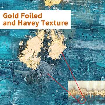 Canvas Painting Wall Art Abstract: Heavy Textured Hand Painted Dark Blue & Gold Foils Picture Artwor...