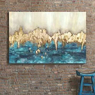 Canvas Painting Wall Art Abstract: Heavy Textured Hand Painted Dark Blue & Gold Foils Picture Artwork for Living Room (36” x 24'' x 1 Panel)