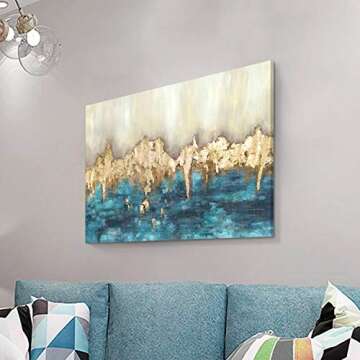 Canvas Painting Wall Art Abstract: Heavy Textured Hand Painted Dark Blue & Gold Foils Picture Artwork for Living Room (36” x 24'' x 1 Panel)