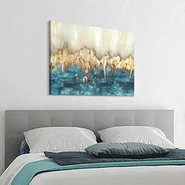 Canvas Painting Wall Art Abstract: Heavy Textured Hand Painted Dark Blue & Gold Foils Picture Artwork for Living Room (36” x 24'' x 1 Panel)