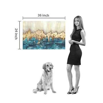 Canvas Painting Wall Art Abstract: Heavy Textured Hand Painted Dark Blue & Gold Foils Picture Artwork for Living Room (36” x 24'' x 1 Panel)