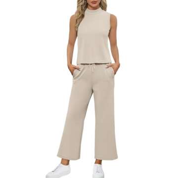 SAMPEEL Two Piece Set for Women Trendy 2025 Casual Lounge Sets Summer Airport Outfits Matching Sets Women Clothing Mock Neck Tracksuit Athleisure Beige XL