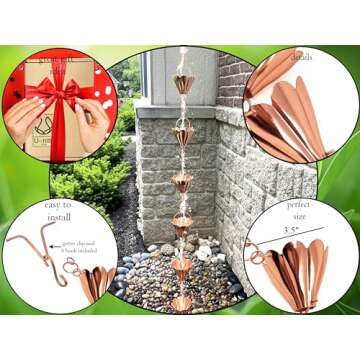 U-nitt Rain Chain Water Collection for Gutters, Rainwater Catcher & Diverter, 8.5 FT Chains for Outside Garden, Shiny Copper Cups, Roof Downspout, Works with Heavy Rain, w/Gutter Clip for Rainchains
