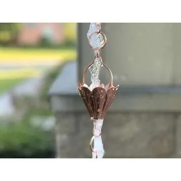 U-nitt Rain Chain Water Collection for Gutters, Rainwater Catcher & Diverter, 8.5 FT Chains for Outside Garden, Shiny Copper Cups, Roof Downspout, Works with Heavy Rain, w/Gutter Clip for Rainchains