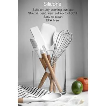 Country Kitchen Non Stick Silicone Utensil Set with Rounded Wood Handles for Cooking and Baking, 6 Piece Set, White