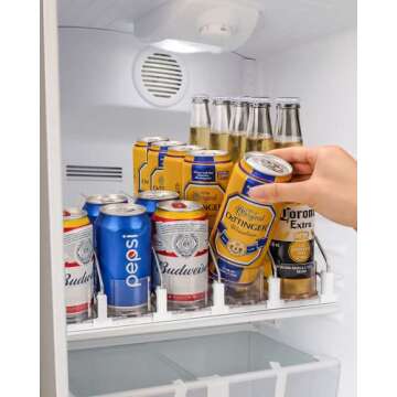 Soda Can Organizer for Refrigerator, 5 Rows Automatic Drink Dispenser for Fridge, Width Adjustable Soda Can Dispenser for Refrigerator, Beer Pop Can Water Bottle Storage for Pantry (White, 12.2"Deep)