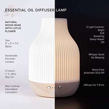 Essential Oil Diffuser Lamp, White Ceramic + Wood, Ultrasonic 180ml, Whispersoft, 4 Timers + 5 Light...