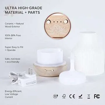 Essential Oil Diffuser Lamp, White Ceramic + Wood, Ultrasonic 180ml, Whispersoft, 4 Timers + 5 Light Settings, Auto Shut Off, Home + Office, Humidifier Air Purifier Aromatherapy