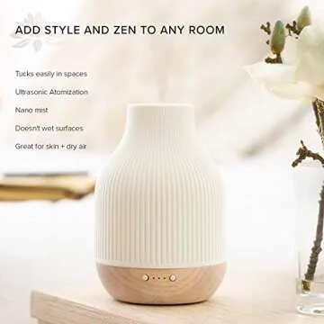 Essential Oil Diffuser Lamp, White Ceramic + Wood, Ultrasonic 180ml, Whispersoft, 4 Timers + 5 Light Settings, Auto Shut Off, Home + Office, Humidifier Air Purifier Aromatherapy