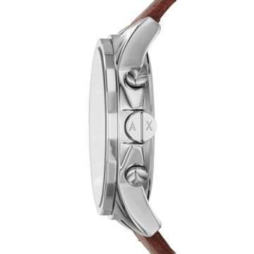 A｜X ARMANI EXCHANGE Men's Chronograph Silver Stainless Steel and Brown Leather Band Watch (Model: ...