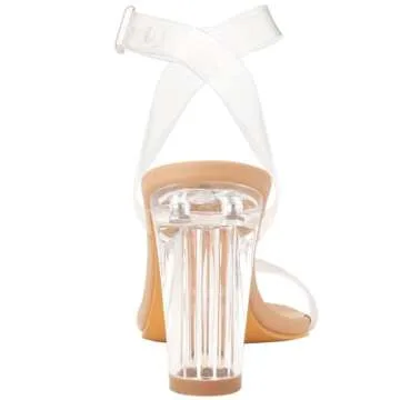 ZriEy Nude Clear Block Sandals Chunky Heels for Women 3.35 Inch Open Toe Adjustable Ankle Strap Pump Sandals for Weddings Parties Daily Wear Size 5