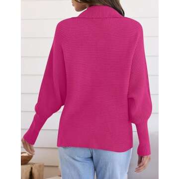 ZESICA Women's Fall Lapel Collar V Neck Long Sleeve Ribbed Knit Comfy Loose Casual Pullover Sweater Jumper Top,Rose,Small