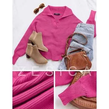 ZESICA Women's Fall Lapel Collar V Neck Long Sleeve Ribbed Knit Comfy Loose Casual Pullover Sweater Jumper Top,Rose,Small