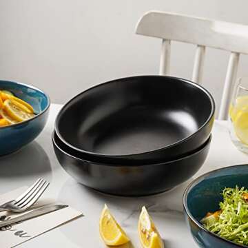 Selamica Ceramic 30 Ounce Large Pasta Bowls 8 inch Serving Bowls, Wide and Shallow Porcelain Bowls, Microwave Dishwasher Safe, Set of 4, Set of 4, Black