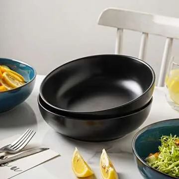 Selamica Ceramic 30 Ounce Large Pasta Bowls 8 inch Serving Bowls, Wide and Shallow Porcelain Bowls, Microwave Dishwasher Safe, Set of 4, Set of 4, Black
