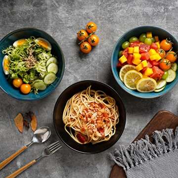 Selamica Ceramic 30 Ounce Large Pasta Bowls 8 inch Serving Bowls, Wide and Shallow Porcelain Bowls, Microwave Dishwasher Safe, Set of 4, Set of 4, Black