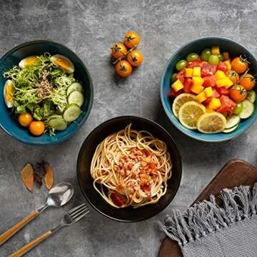 Selamica Ceramic 30 Ounce Large Pasta Bowls 8 inch Serving Bowls, Wide and Shallow Porcelain Bowls, Microwave Dishwasher Safe, Set of 4, Set of 4, Black