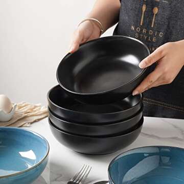 Selamica Ceramic 30 Ounce Large Pasta Bowls 8 inch Serving Bowls, Wide and Shallow Porcelain Bowls, Microwave Dishwasher Safe, Set of 4, Set of 4, Black