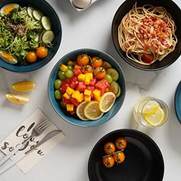 Selamica Ceramic 30 Ounce Large Pasta Bowls 8 inch Serving Bowls, Wide and Shallow Porcelain Bowls, Microwave Dishwasher Safe, Set of 4, Set of 4, Black