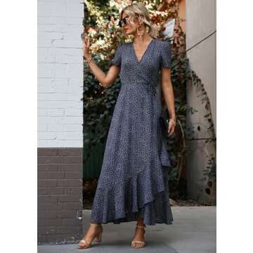 PRETTYGARDEN Women's Summer Wrap Maxi Dress Casual Boho Floral V Neck Short Sleeve Ruffle Hem Split Beach Long Dresses (Blue,X-Large)