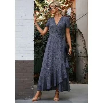 PRETTYGARDEN Women's Summer Wrap Maxi Dress Casual Boho Floral V Neck Short Sleeve Ruffle Hem Split Beach Long Dresses (Blue,X-Large)