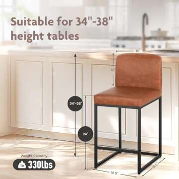 ALPHA HOME 24” Bar Stools Set of 4 - Stylish PU Leather Kitchen Stools with Backrest