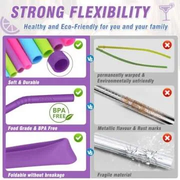 Walfos Reusable Silicone Straws - 2 Size Flexible Drinking Bendy Straws for Smoothies/20 & 30 oz Tumblers, BPA Free (4 Wide Straws + 4 Regular Straws + 2 Cleaning Brushes ）