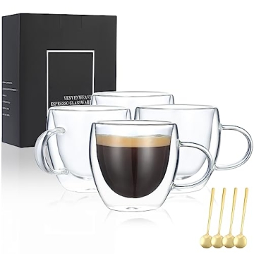VENVENWEAVS Espresso Cups Set Of 4 - Double Wall 5OZ Hand Blown Glass for Perfect Espresso, Latte, C...