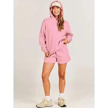 ANRABESS Women 2 Piece Outfit Oversized Hoodie Sweatshirt Shorts Lounge Sweat Set Sweatsuit Tracksuit 2025 Trendy Y2K Clothes Pink Small
