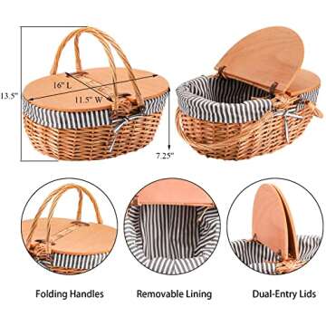 Yesland Picnic Basket with Liner - Wicker Picnic Baskets with Wooden Split Lid - Vintage Style Large...