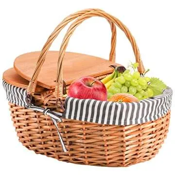 Yesland Picnic Basket with Liner - Wicker Picnic Baskets with Wooden Split Lid - Vintage Style Large Woven Basket with Double Folding Handles for Camping, Valentine Day, Thanks Giving, Egg Gathering