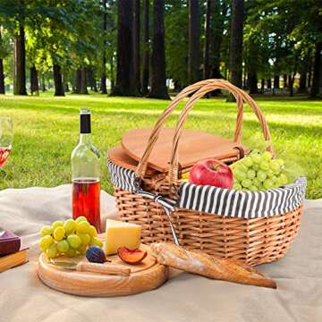 Yesland Picnic Basket with Liner - Wicker Picnic Baskets with Wooden Split Lid - Vintage Style Large Woven Basket with Double Folding Handles for Camping, Valentine Day, Thanks Giving, Egg Gathering