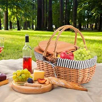 Yesland Picnic Basket with Liner - Wicker Picnic Baskets with Wooden Split Lid - Vintage Style Large Woven Basket with Double Folding Handles for Camping, Valentine Day, Thanks Giving, Egg Gathering