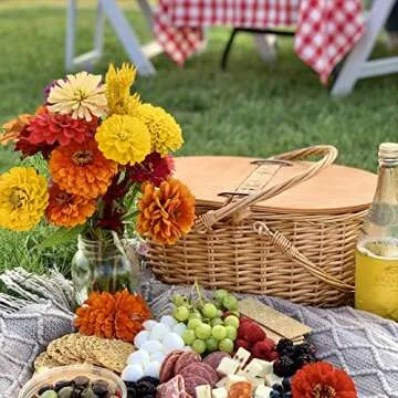 Yesland Picnic Basket with Liner - Wicker Picnic Baskets with Wooden Split Lid - Vintage Style Large Woven Basket with Double Folding Handles for Camping, Valentine Day, Thanks Giving, Egg Gathering