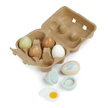Tender Leaf Toys - Wooden Eggs - 6 Pieces Pretend Food Play Solid-Wood Eggs with Carton Box, Realistic Easter Egg Toy - Shopping Game Accessories for Children - Age 3+