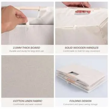 LaMorée Fabric Storage Bin Box Foldable Cotton Linen Storage Basket with Wooden Handles Rectangular Cube Decorative Home Laundry Organizer Clothes Blanket Container - Beige, Large