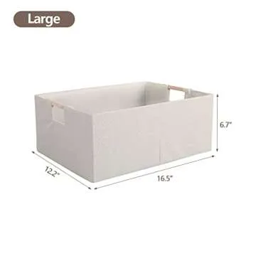 LaMorée Fabric Storage Bin Box Foldable Cotton Linen Storage Basket with Wooden Handles Rectangular Cube Decorative Home Laundry Organizer Clothes Blanket Container - Beige, Large