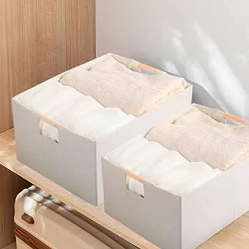 LaMorée Fabric Storage Bin Box Foldable Cotton Linen Storage Basket with Wooden Handles Rectangular Cube Decorative Home Laundry Organizer Clothes Blanket Container - Beige, Large