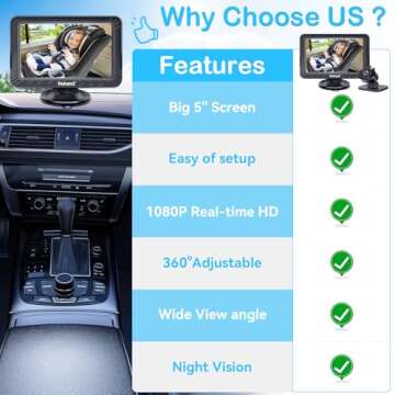 Rohent Baby Car Camera - 5-Inch HD 1080P, Night Vision, Easy Install, Rear & Forward-Facing Seat Camera, USB Powered Baby Camera for Car, Safety for Infants and Kids, No Tools Required