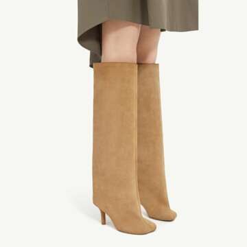Camel Suede Knee High Boots for Women Slip On Heeled Boots Ladies Square Toe Wide Calf Stiletto High...