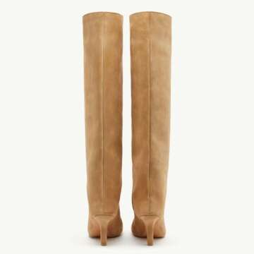 Camel Suede Knee High Boots for Women Slip On Heeled Boots Ladies Square Toe Wide Calf Stiletto High Heel Long Boots Pull On Dress Tall Boots Fall