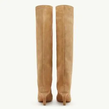 Camel Suede Knee High Boots for Women Slip On Heeled Boots Ladies Square Toe Wide Calf Stiletto High Heel Long Boots Pull On Dress Tall Boots Fall